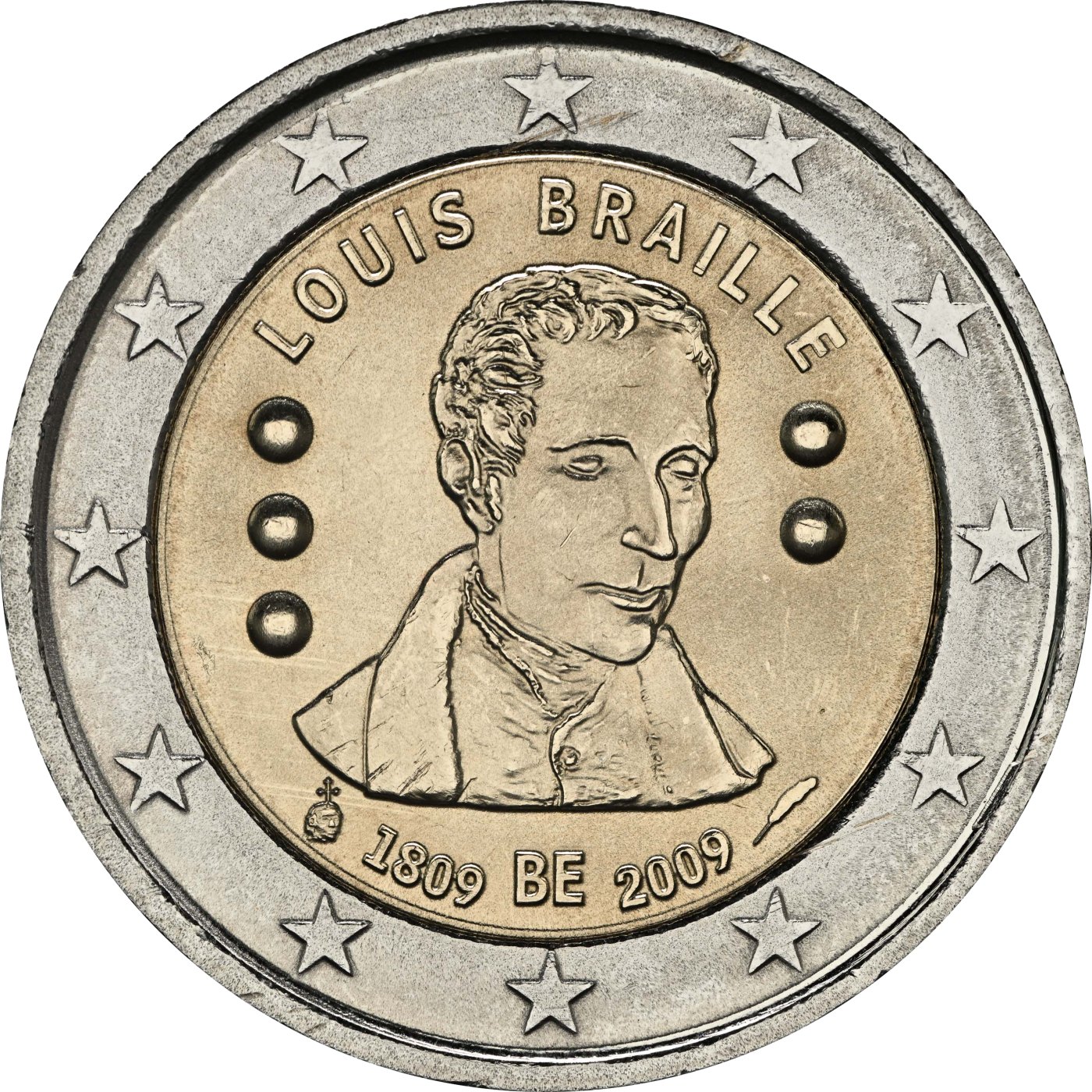 Belgija 2009 – 200. obljetnica rođenja Louisa Braillea · Prigodnička kovanica od 2 eura Naličje