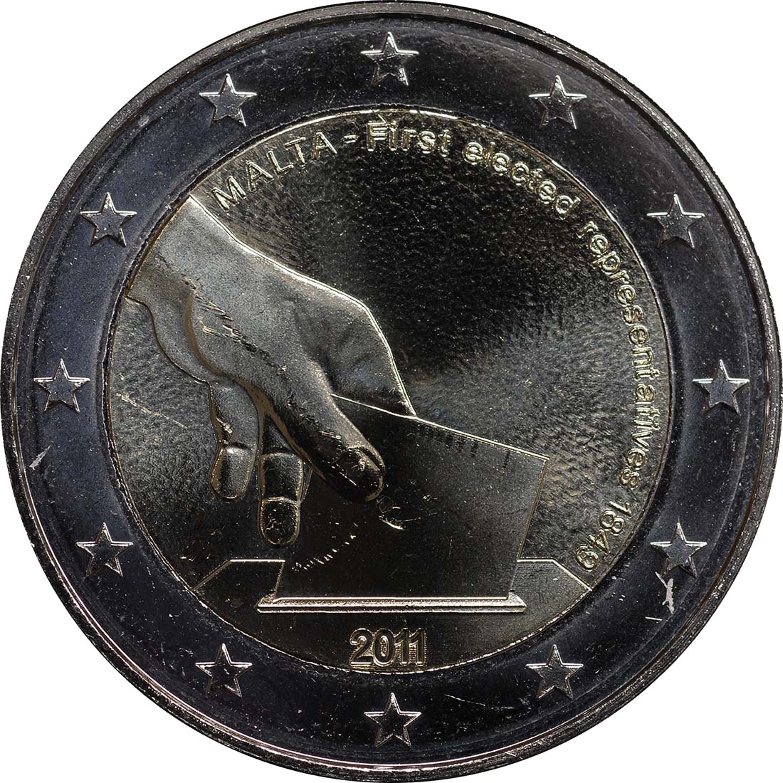 Малта 2011 – Серия: Конституционна история на Малта, 1. издание, 1849 г. Първи избрани народни представители · Възпоменателна монета от 2 евро Реверс