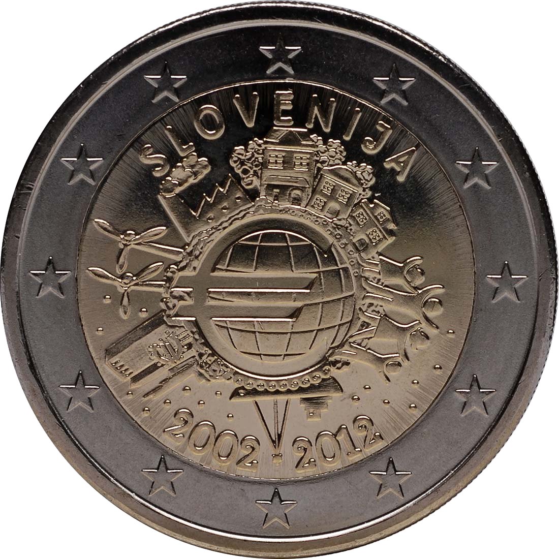 Словения 2012 – 10 години евро в брой · Възпоменателна монета от 2 евро Реверс