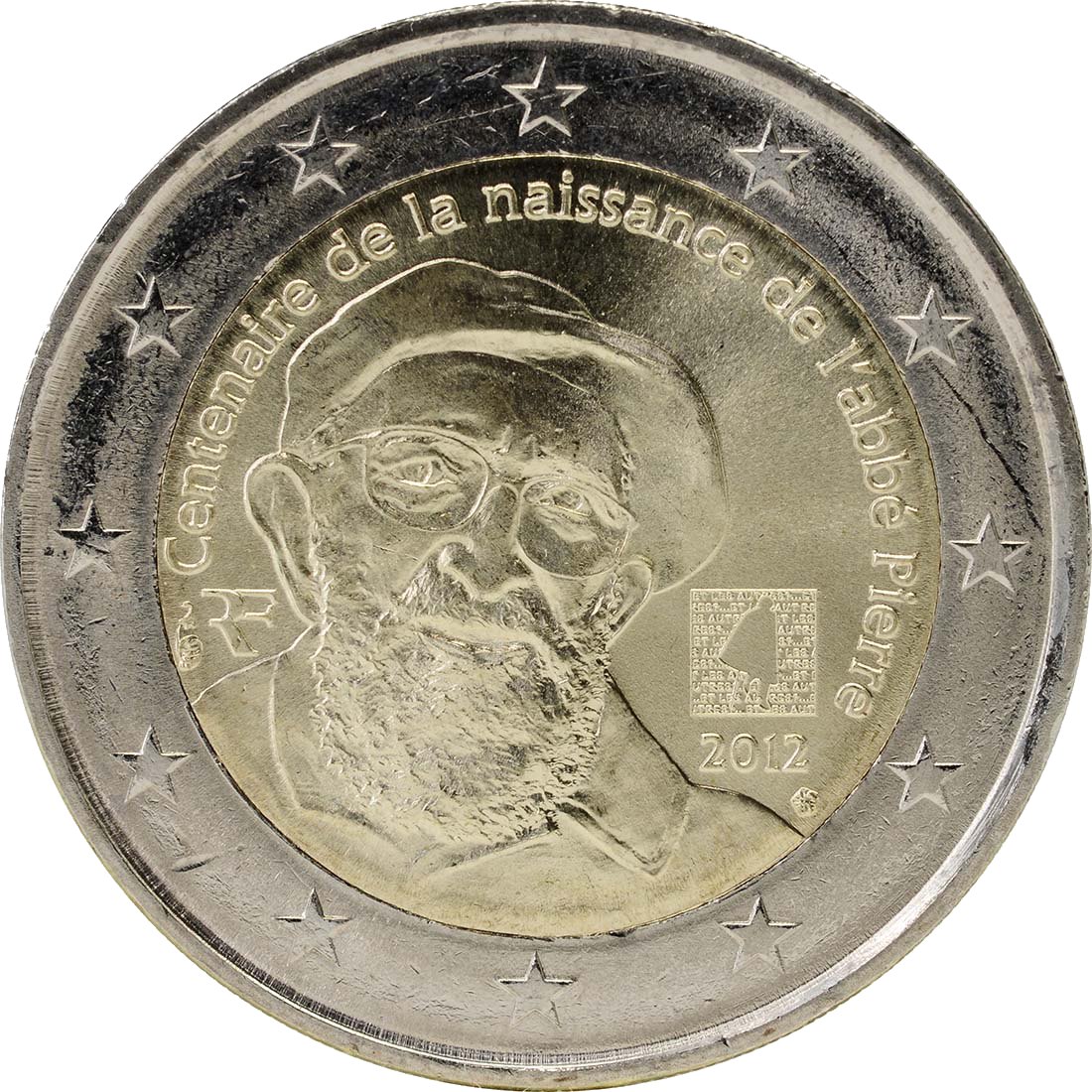 Francuska 2012 – 100. obljetnica rođenja L'Abbé Pierre · Prigodnička kovanica od 2 eura Naličje