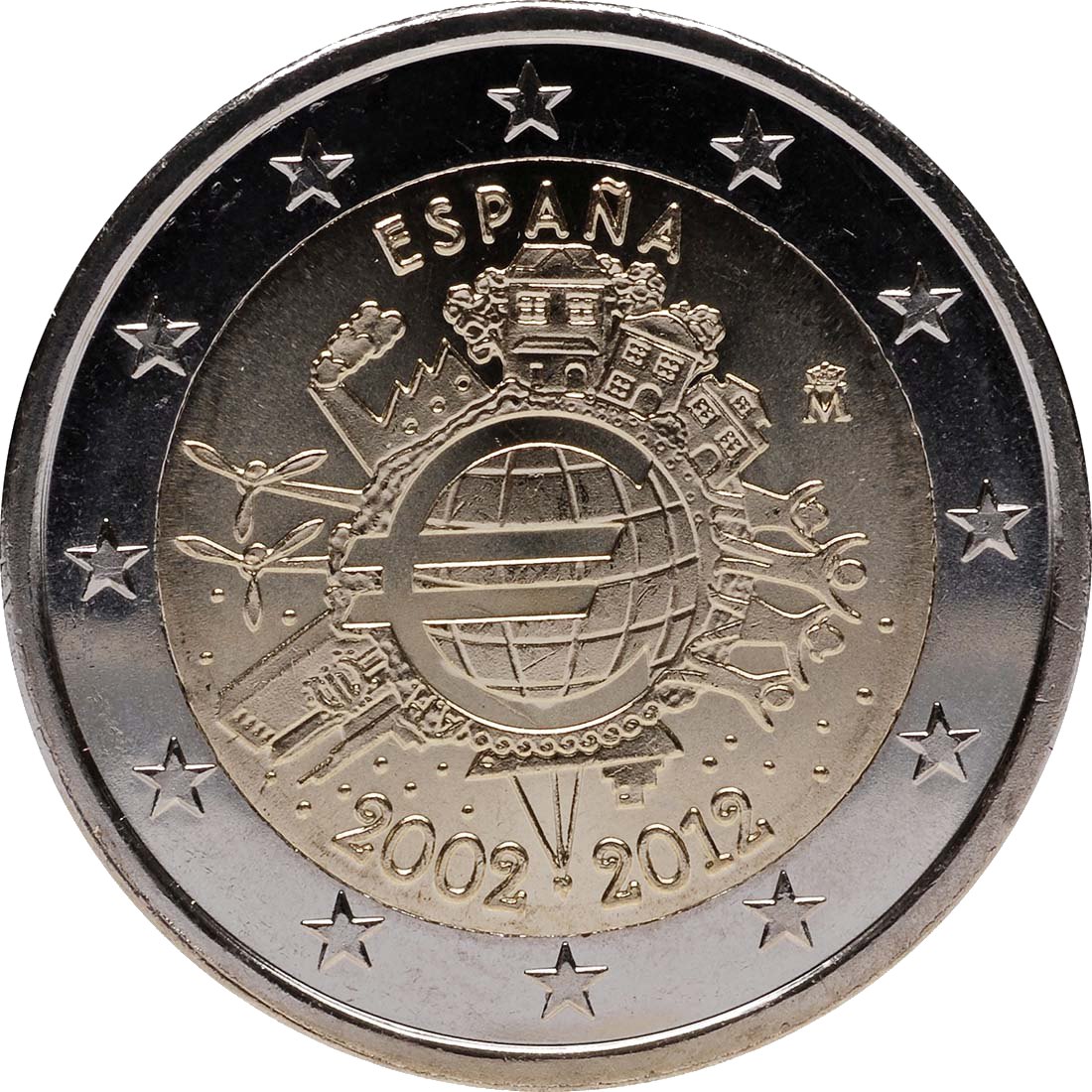 Испания 2012 – 10 години евро в брой · Възпоменателна монета от 2 евро Реверс