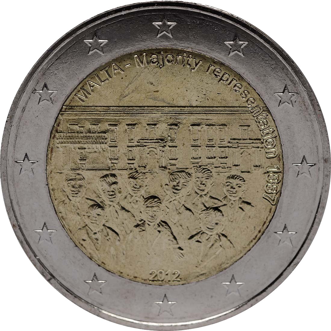 Малта 2012 – Серия: Конституционна история на Малта, 2-ро издание, 1887 г. Мажоритарно избирателно право · Възпоменателна монета от 2 евро Реверс