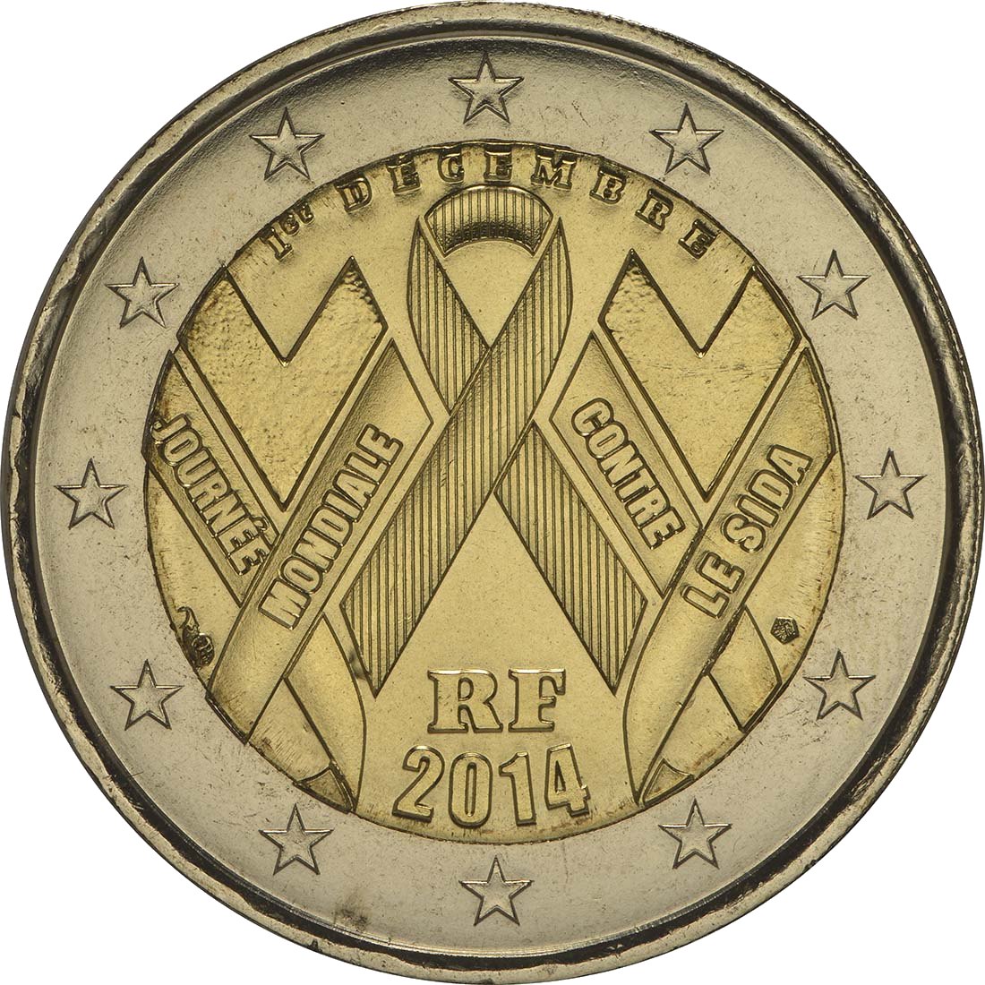 Франция 2014 – Световен ден за борба със СПИН 2014 · Възпоменателна монета от 2 евро Реверс