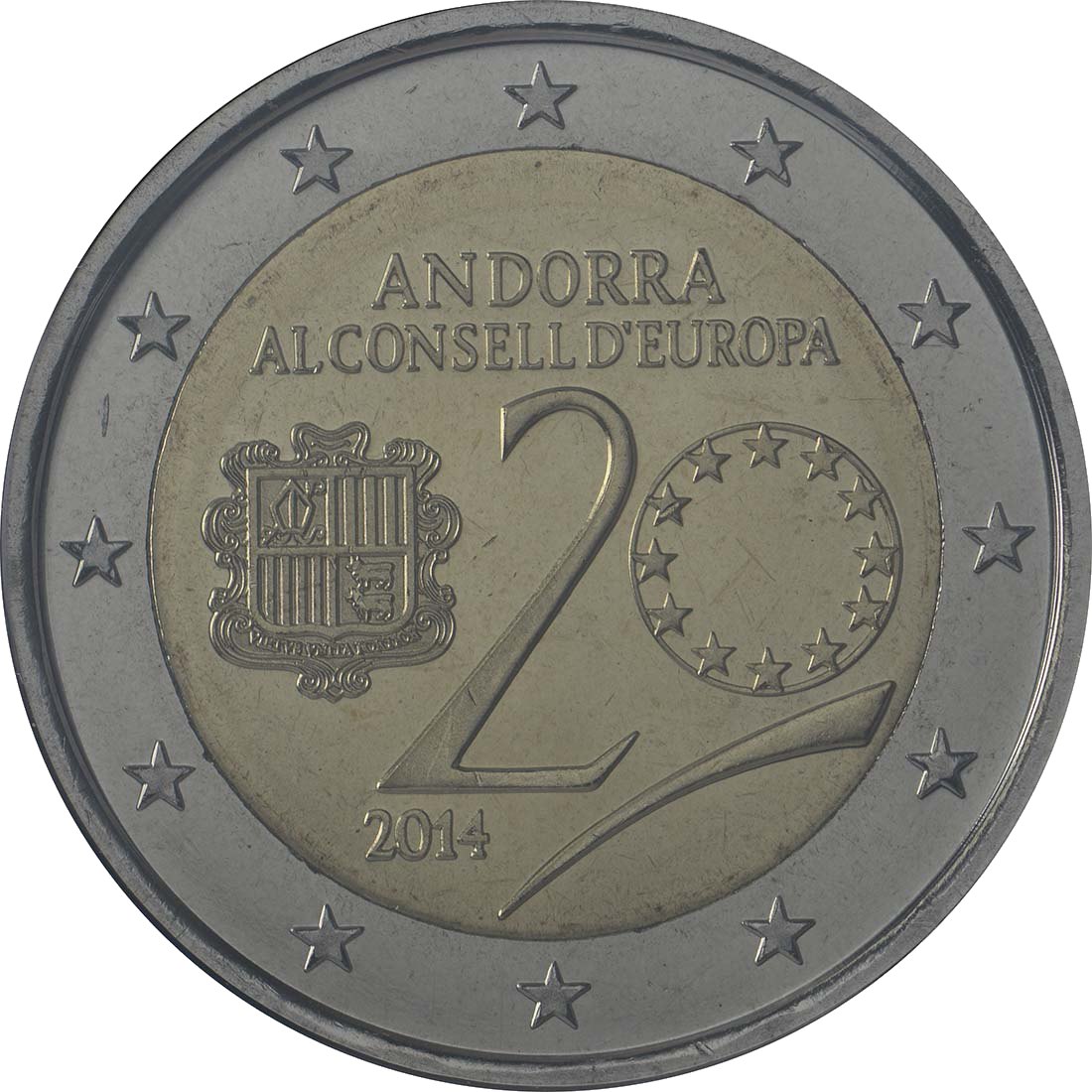 Андора 2014 – 20 години членство на Андора в Съвета на Европа · Възпоменателна монета от 2 евро Реверс