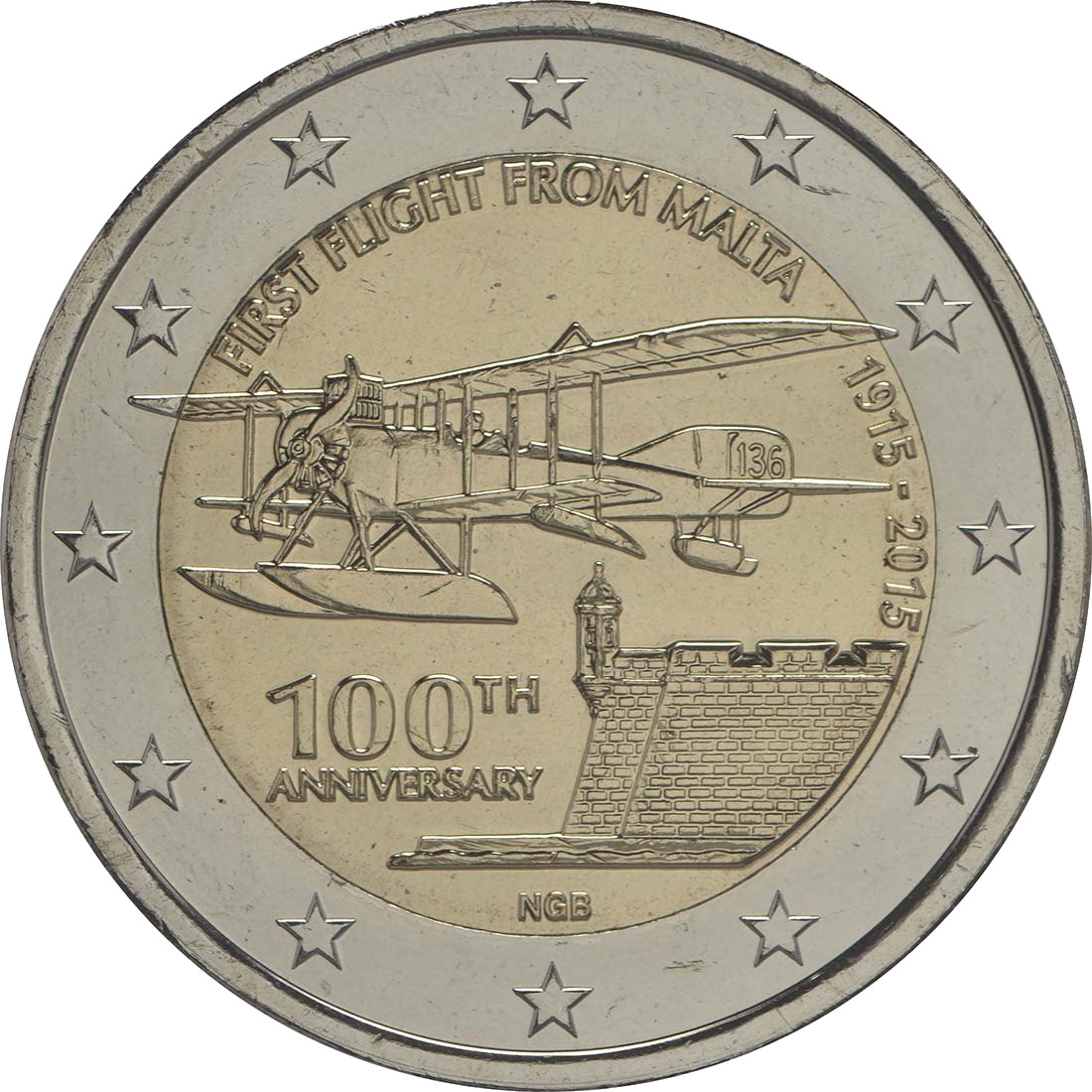 Malta 2015 – 100 anni dal primo volo da Malta · Moneta commemorativa da 2 euro Verso