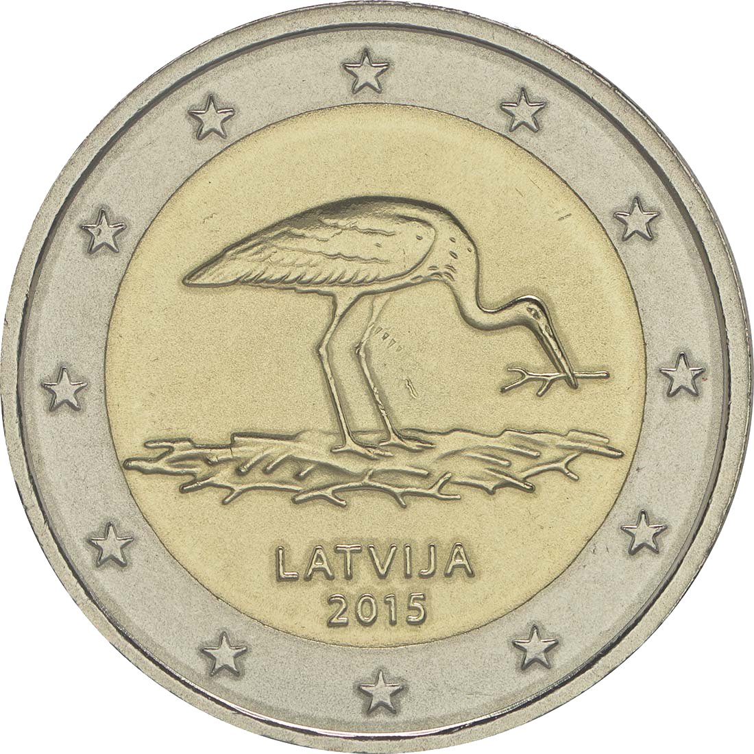 Letónia 2015 – Cegonha · Moeda comemorativa de 2 euros Verso