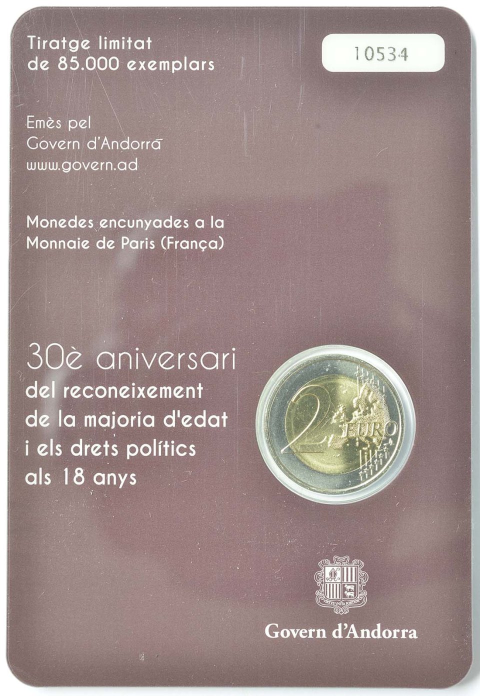 Andorra 2015 30 Jahre Volljährigkeit mit 18 – Zertifikat