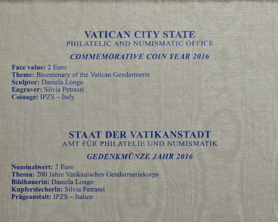 Vatikan 2016 200 Jahre vatikanische Gendarmerie – Zertifikat