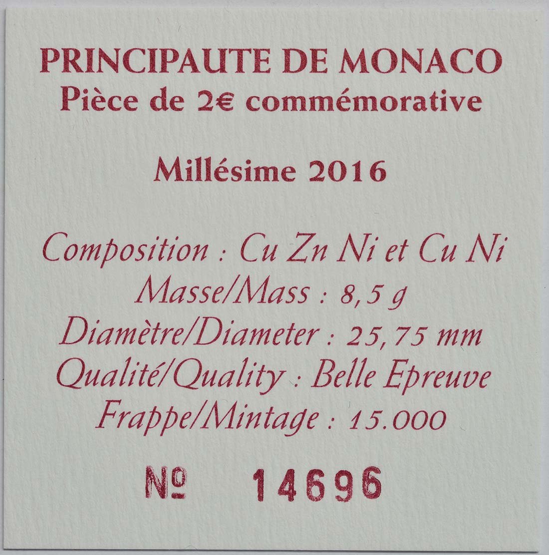 Monaco 2016 – 150e verjaardag van de oprichting van Monte Carlo door Charles III · 2-euroherdenkingsmunt
