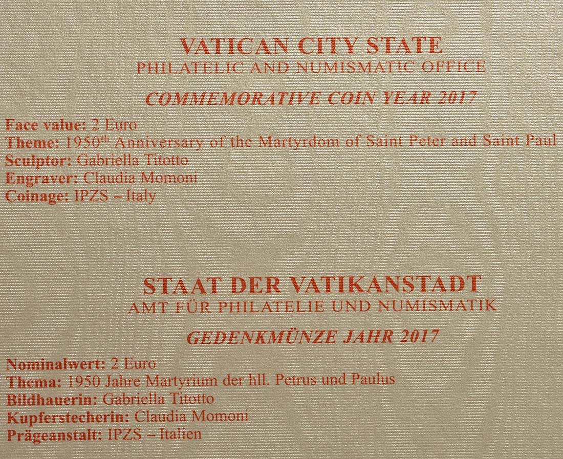 Vatikan 2017 1950 Jahre des Märtyrertods von Petrus und Paulus – Zertifikat