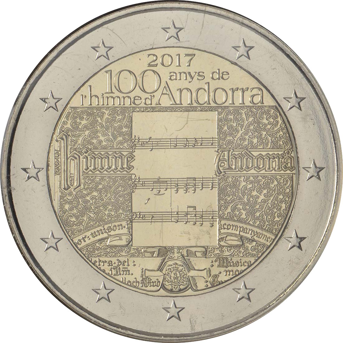 Андора 2017 – 100 години химн на Андора · Възпоменателна монета от 2 евро Реверс