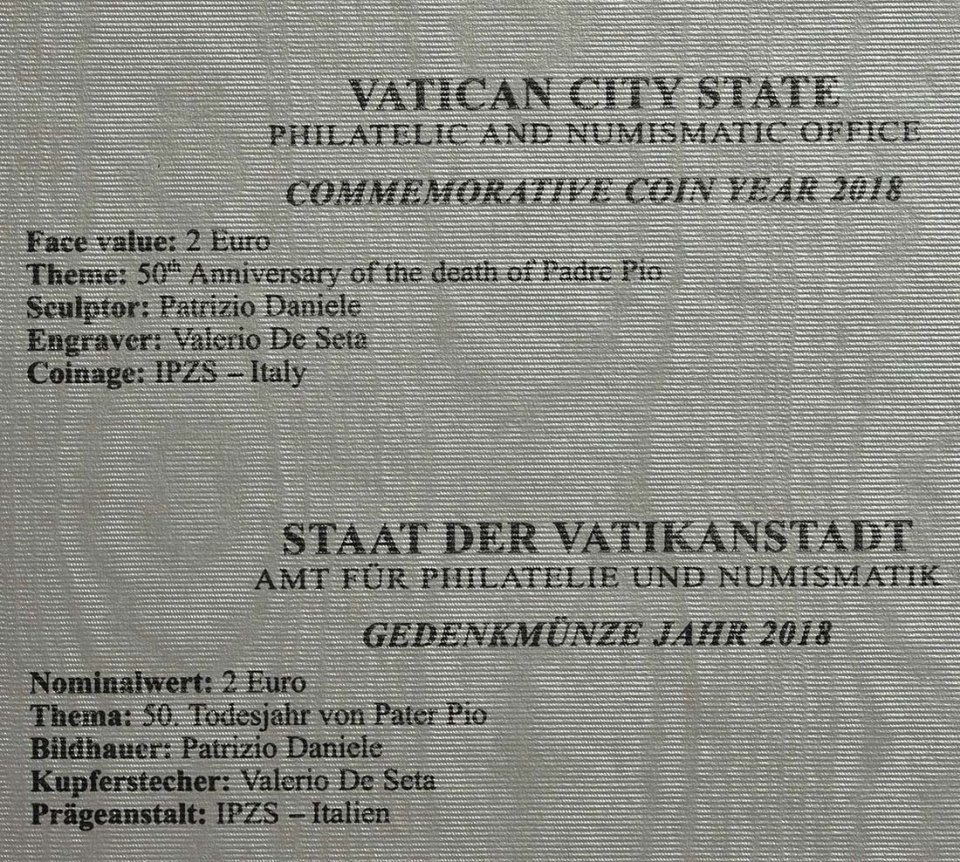 Vatikan 2018 50. Todestag von Pater Pio – Zertifikat