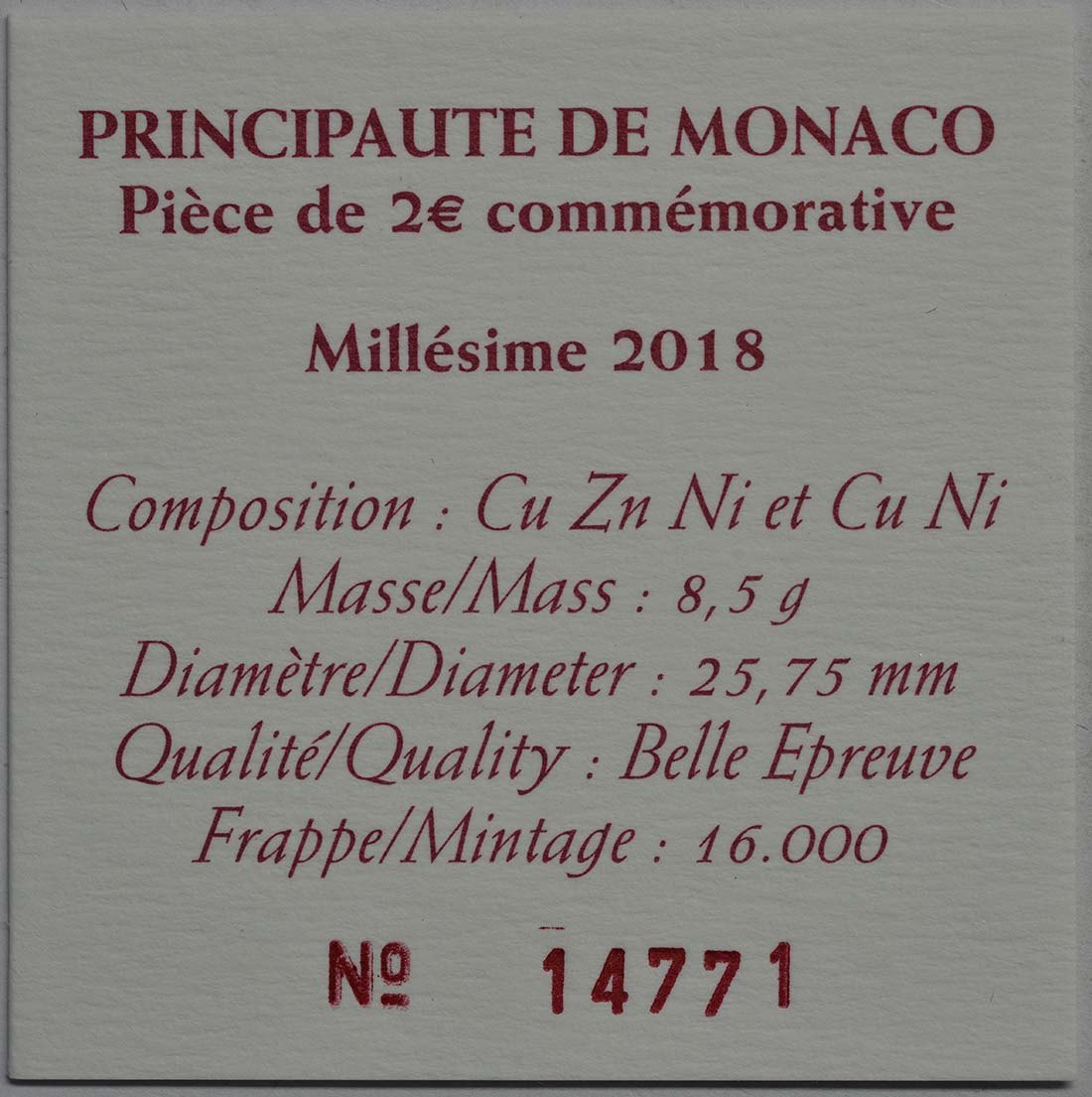 Monaco 2018 250. Geburtstag von François-Joseph Bosio – Zertifikat