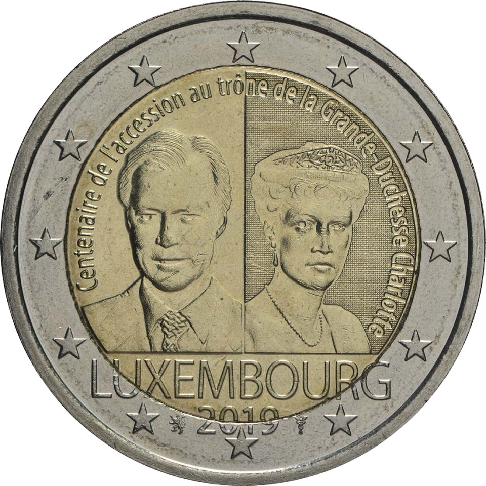 Luxemburg 2019 100. Jahrestag von Großherzogin Charlottes Thronbesteigung und Hochzeit – Rückseite