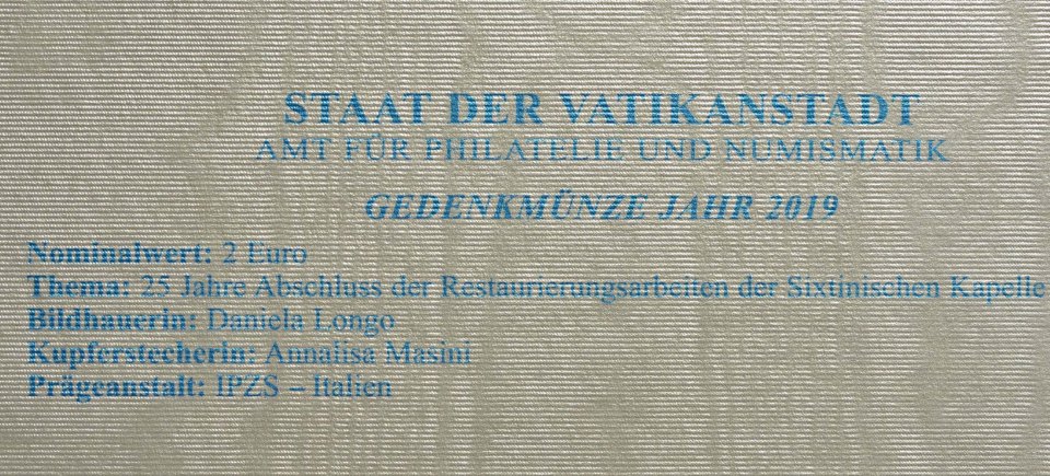 Vatikan 2019 25. Jahrestag der Restaurierung der Sixtinischen Kapelle – Zertifikat