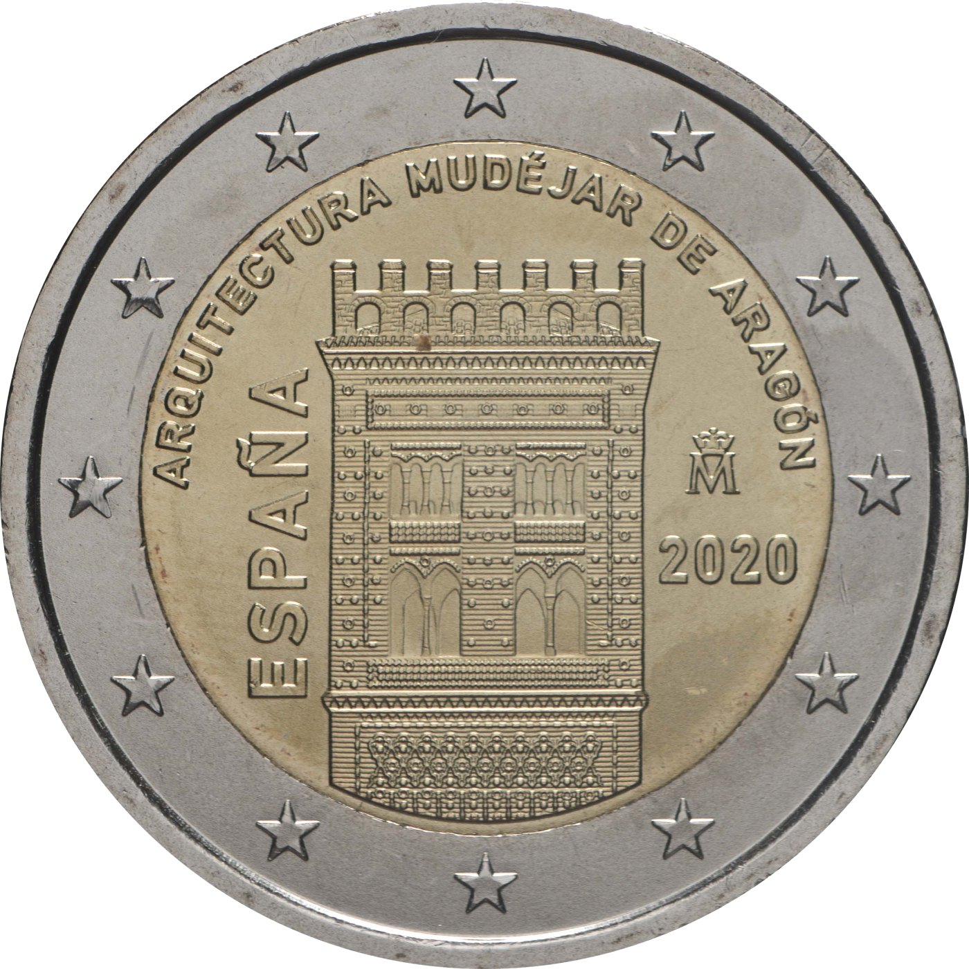 Španielsko 2020 – Séria svetového kultúrneho dedičstva UNESCO, 11. vydanie, mudéjarská architektúra v Aragónsku · Pamätná minca 2 € Reverz