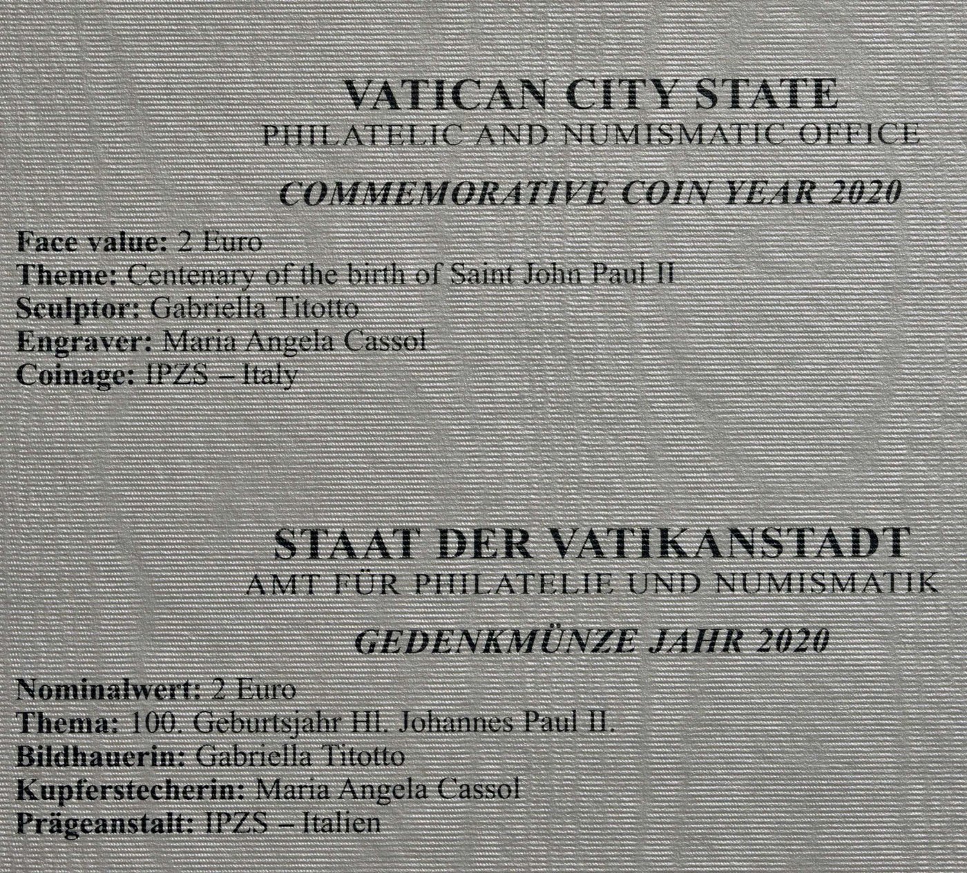 Vatikan 2020 100. Geburtstag von Johannes Paul II – Zertifikat