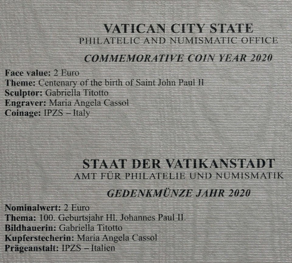 Vatikan 2020 100. Geburtstag von Johannes Paul II – Zertifikat