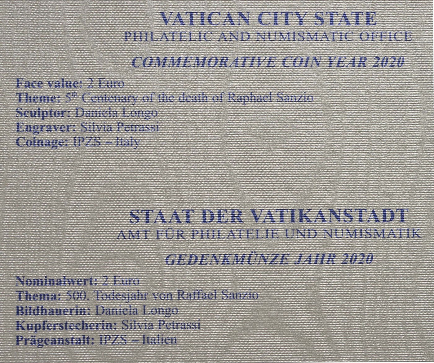 Vatikan 2020 500. Todestag von Raffael – Zertifikat