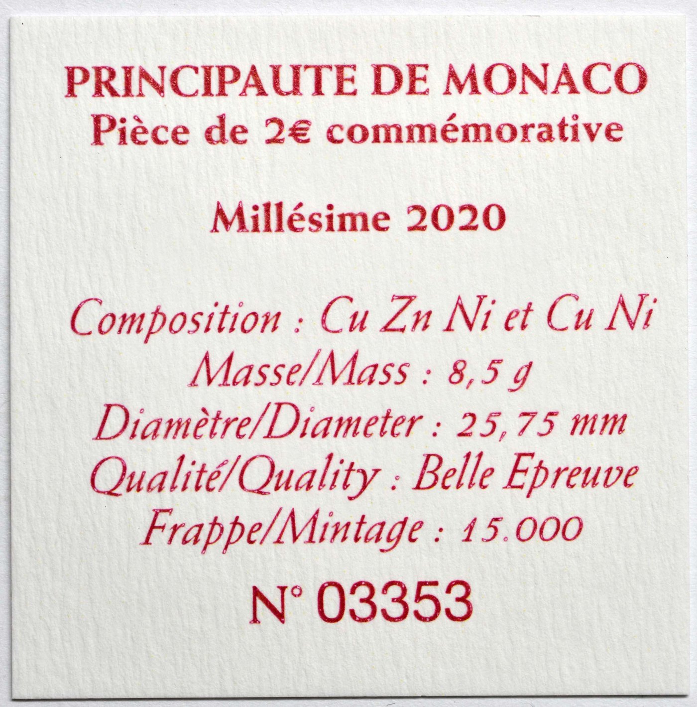 Monaco 2020 300. Geburtstag von Prince Honoré III – Zertifikat