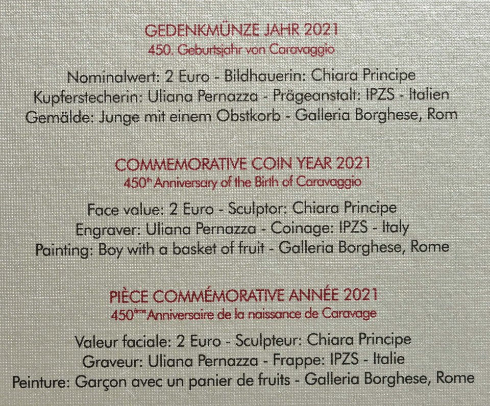 Vatikan 2021 450. Geburtstag von Caravaggio – Zertifikat