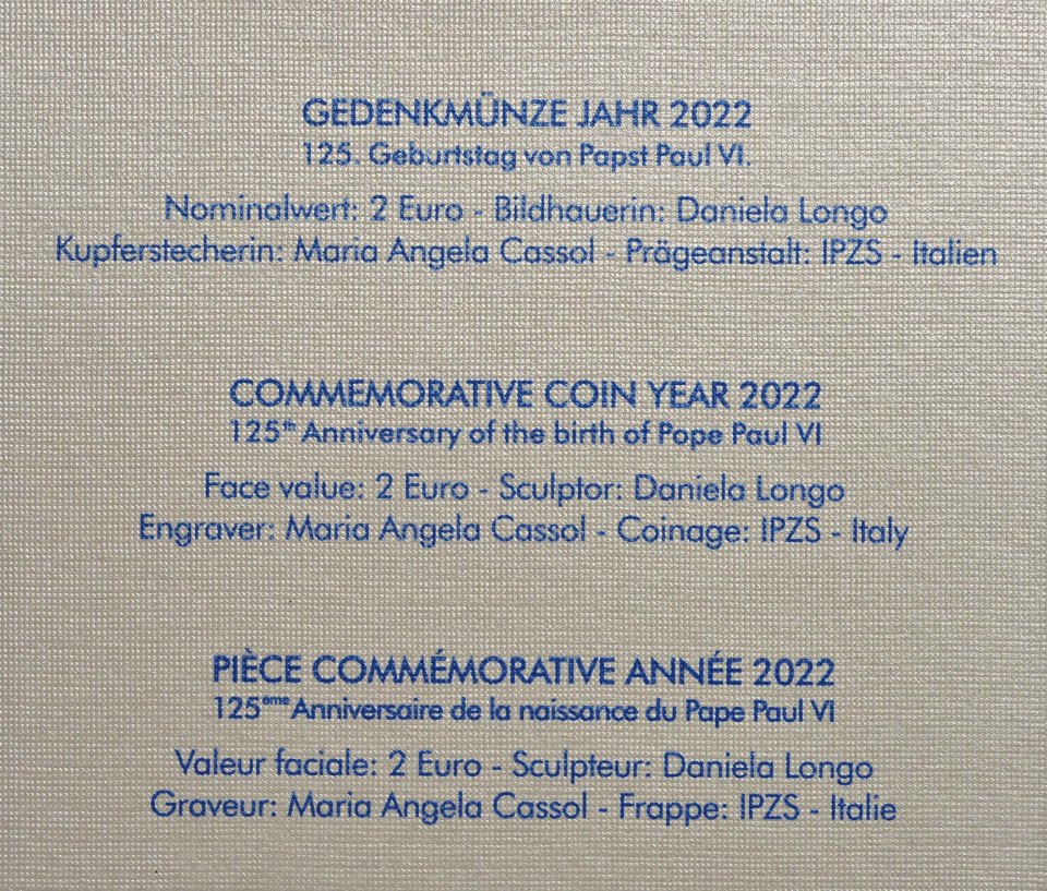 Vatikan 2022 125. Geburtstag von Papst Paul VI – Zertifikat