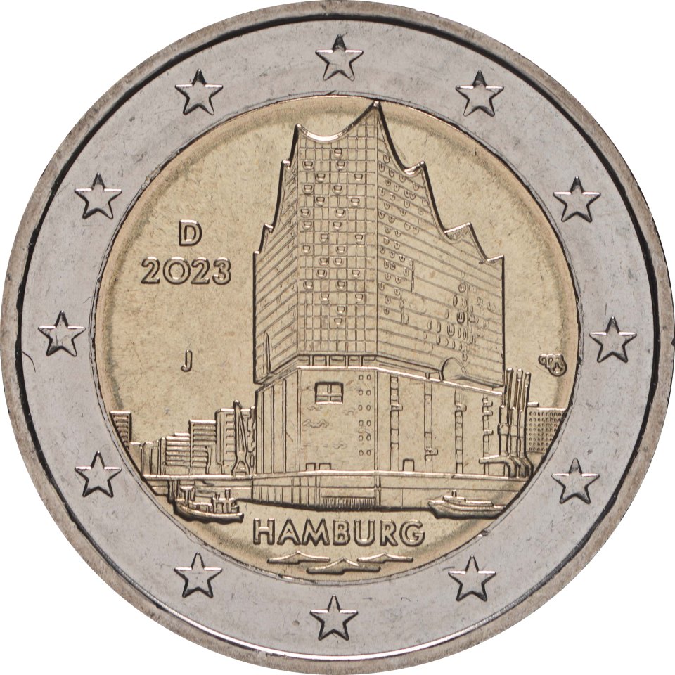 2-Euro-Münze Deutschland 2023: Hamburg - Elbphilharmonie (Serie: Bundesländer II, 1. Ausgabe)