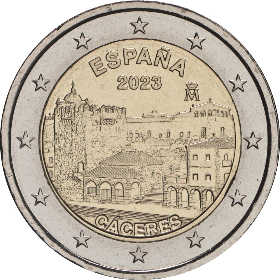 2-Euro-Münze Spanien 2023: UNESCO-Weltkulturerbe-Serie, 14. Ausgabe, Altstadt von Cáceres