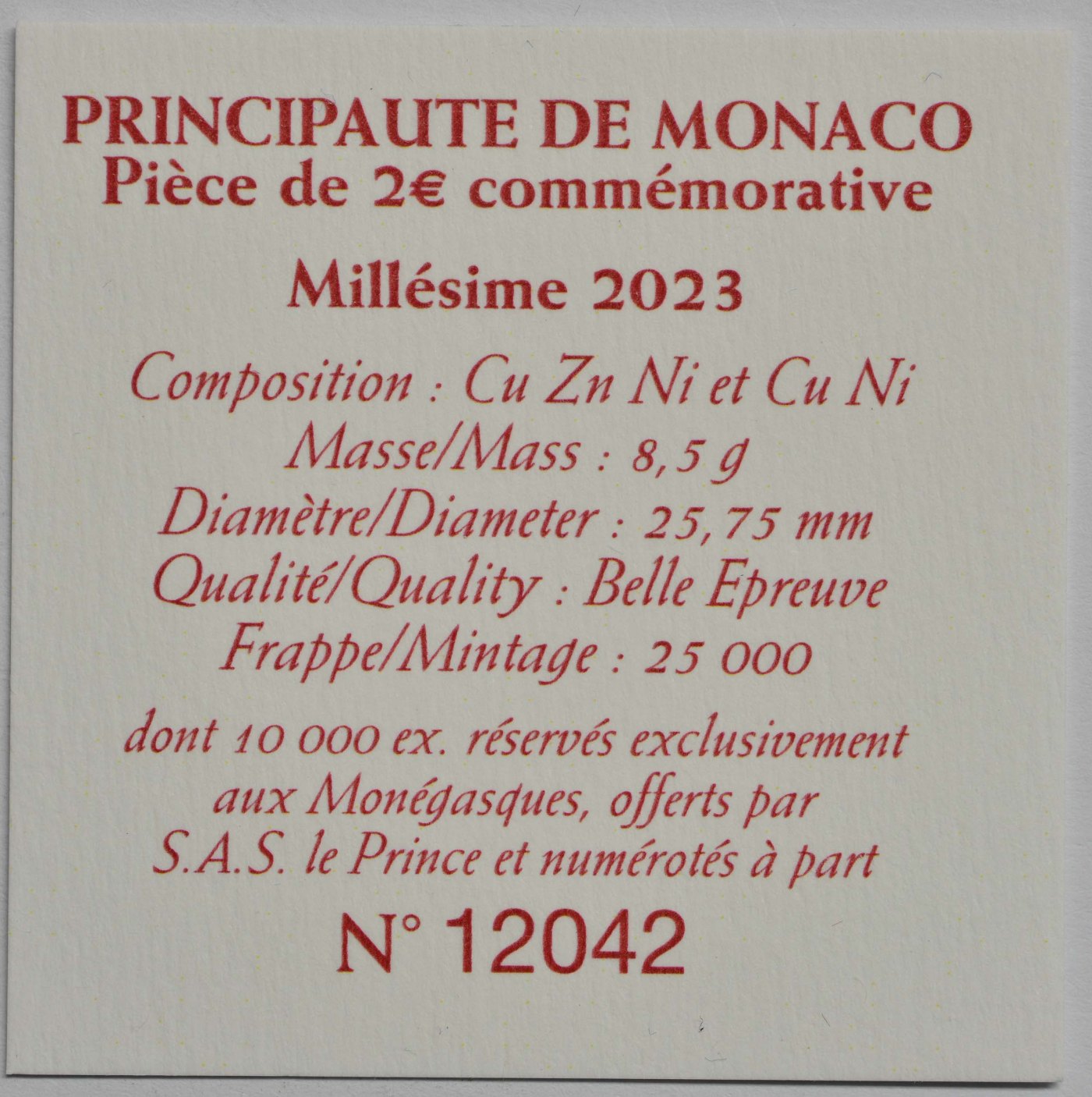 Monaco 2023 100. Geburtstag von Fürst Rainier III – Zertifikat