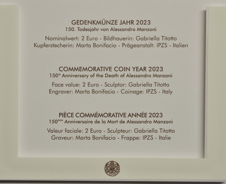 Vatikan 2023 150. Todestag von Alessandro Manzoni – Zertifikat