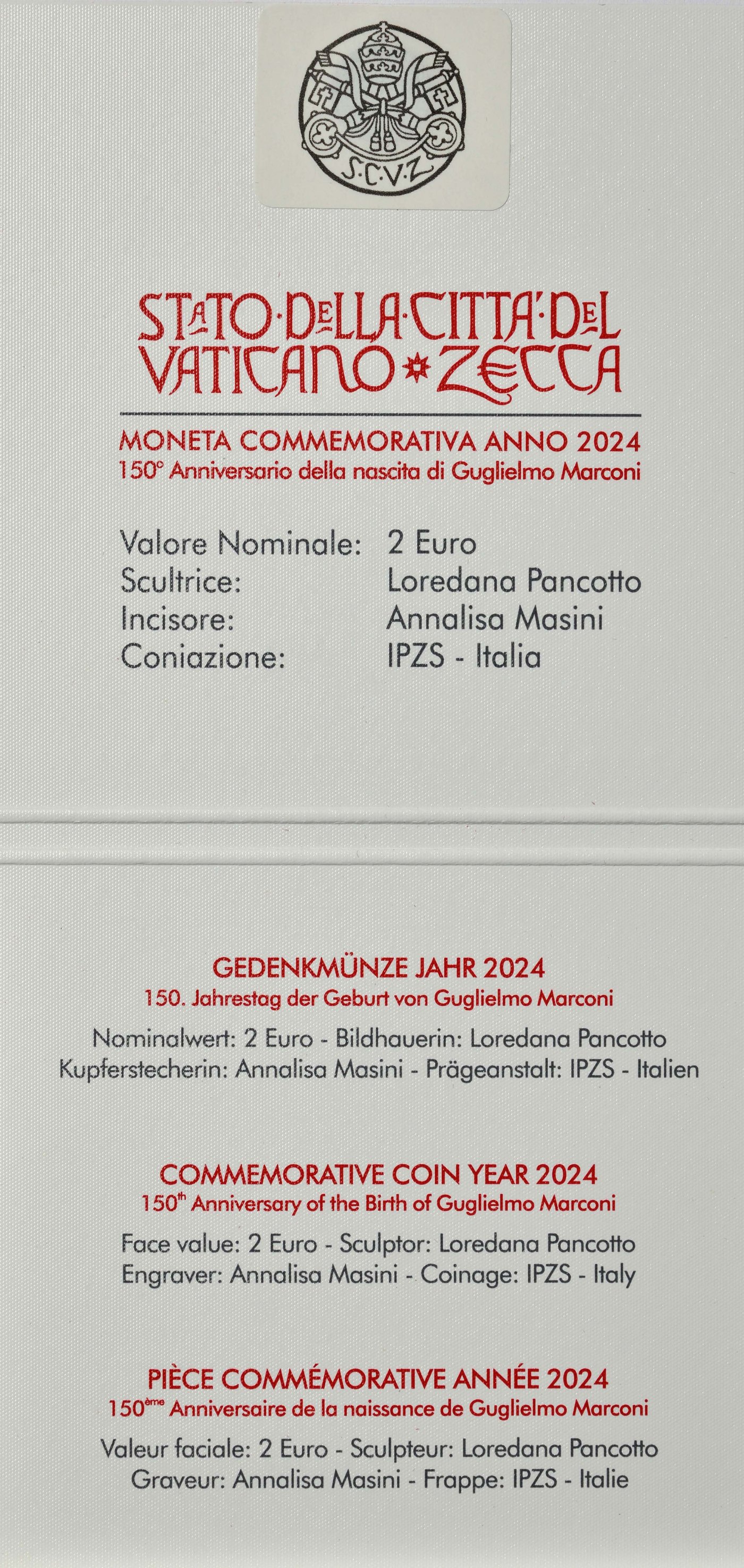Vatikan 2024 150. Geburtstag von Guglielmo Marconi – Zertifikat