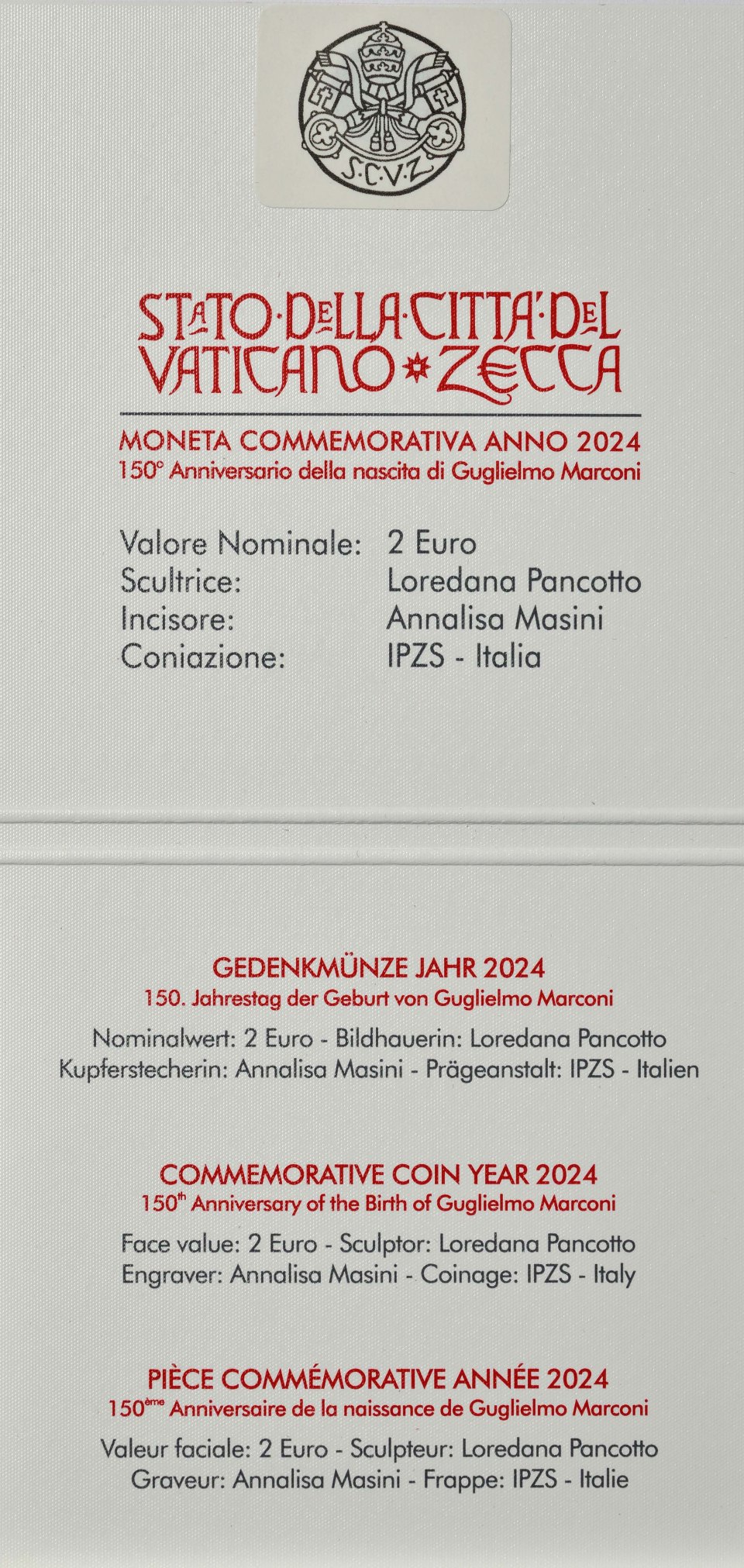 Vatikan 2024 150. Geburtstag von Guglielmo Marconi – Zertifikat