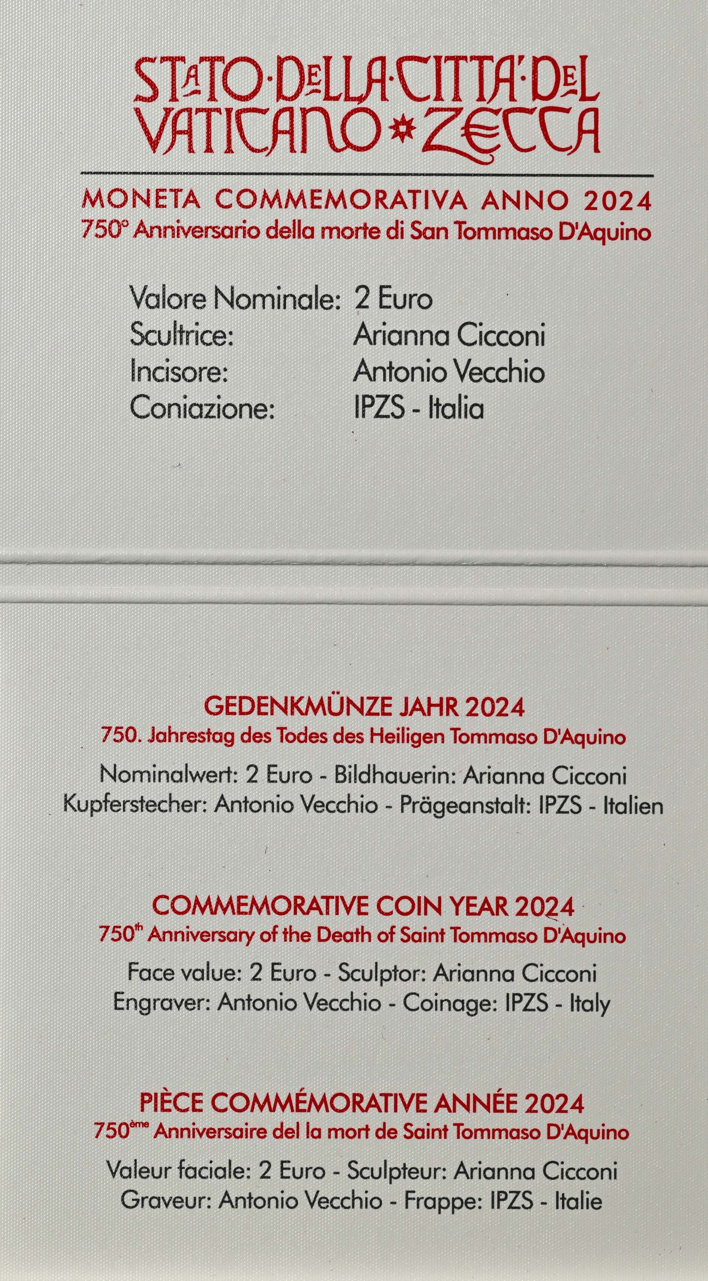Vatikan 2024 750. Todestag von Thomas von Aquin – Zertifikat