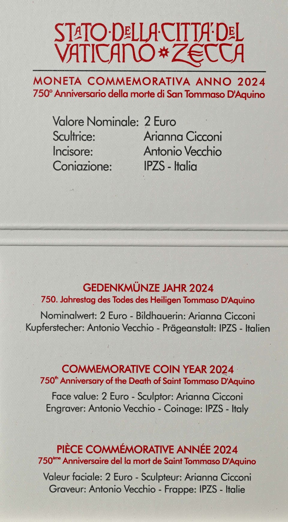 Vatikan 2024 750. Todestag von Thomas von Aquin – Zertifikat