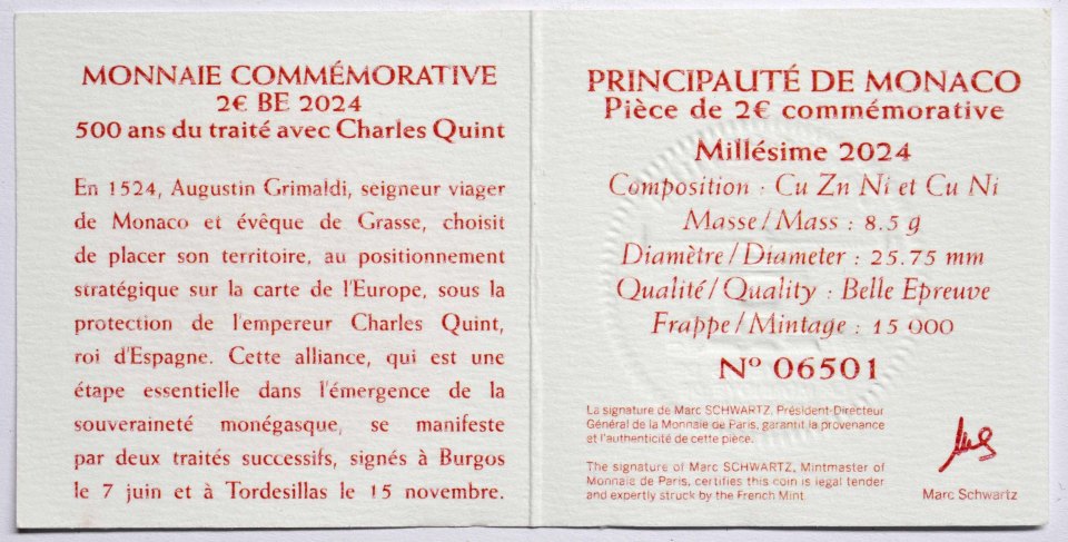 Monaco 2024 500 Jahre Vertrag von Burgos mit Karl V. – Zertifikat