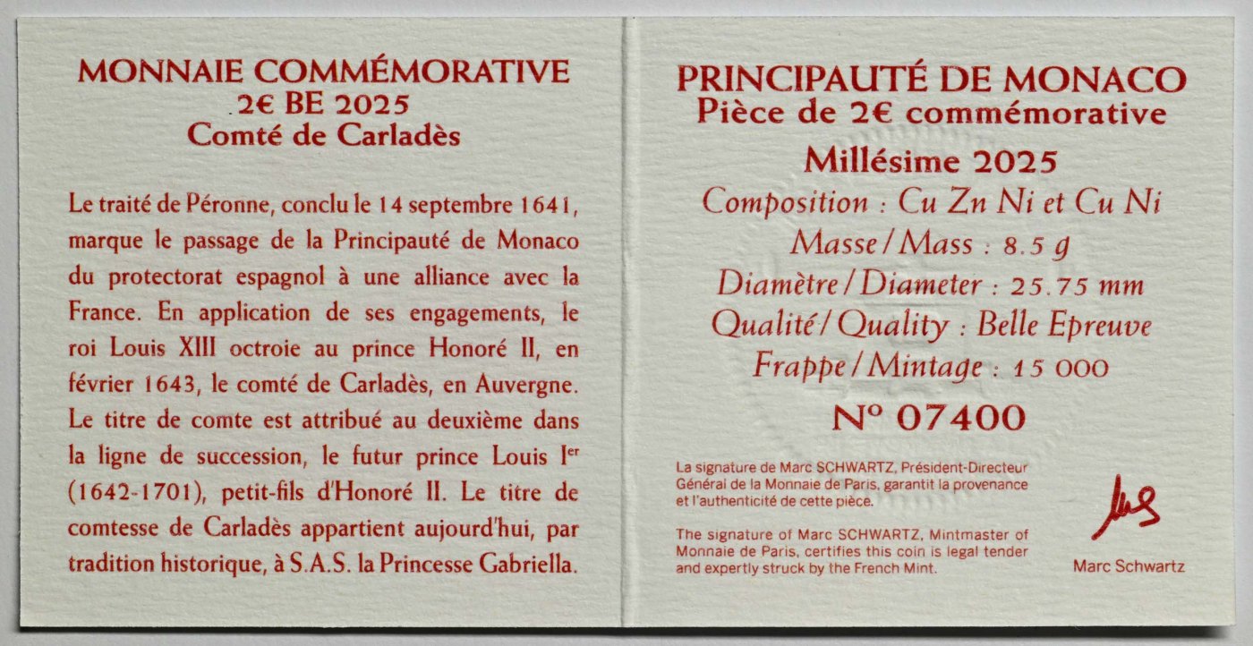 Monaco 2025 – Ex feudo di Carladès · Moneta commemorativa da 2 euro