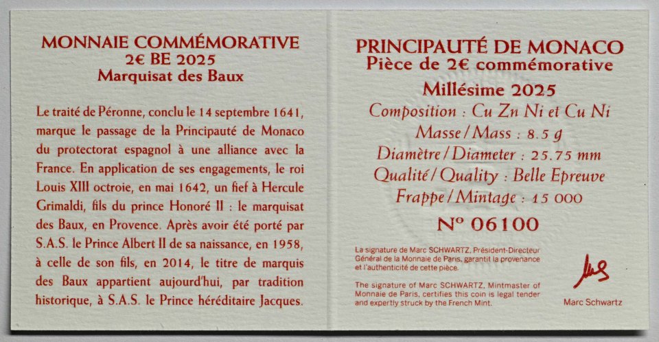 Monaco 2025 Ehemaliges Lehen von Les Baux – Zertifikat
