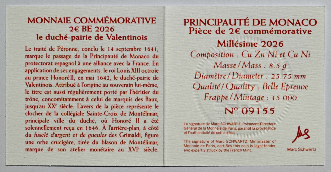 Monaco 2026 Herzogtum Valentinois – Zertifikat