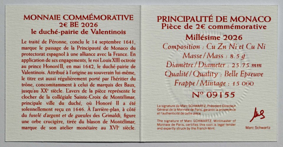Monaco 2026 Herzogtum Valentinois – Zertifikat