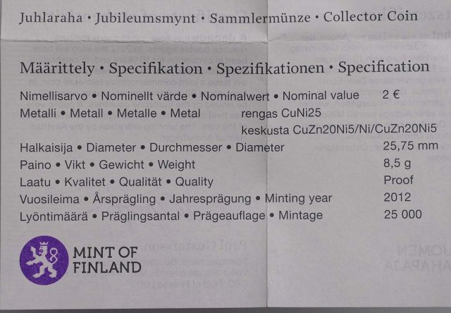 Finnland 2012 10 Jahre Euro-Bargeld – Zertifikat