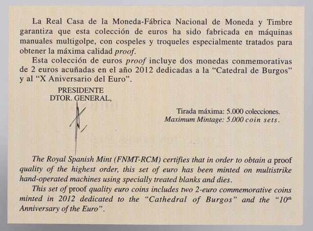 Spanien 2012 10 Jahre Euro-Bargeld – Zertifikat