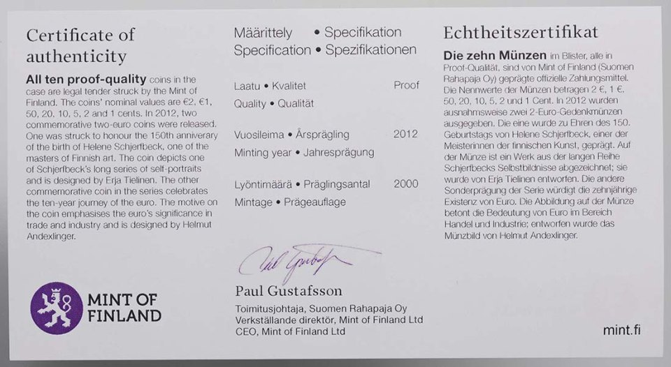 Finnland 2012 10 Jahre Euro-Bargeld – Zertifikat