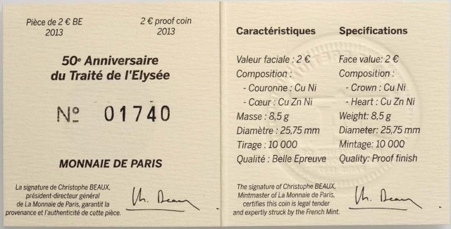 Frankreich 2013 Gemeinschaftsausgabe Deutschland / Frankreich 50. Jahrestag Élysée-Vertrag – Zertifikat
