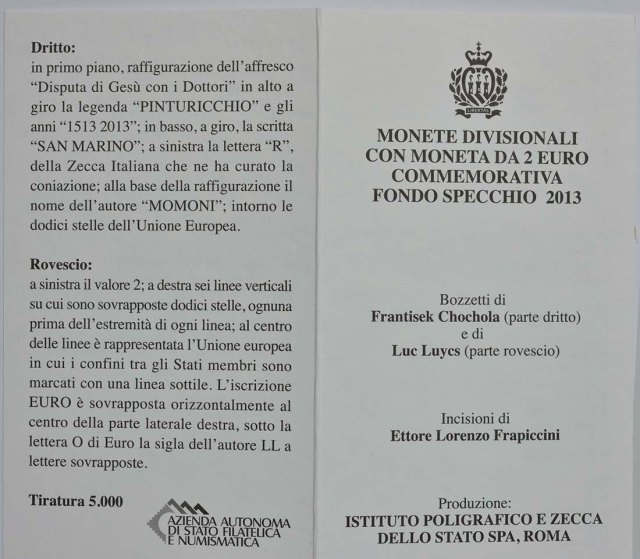 San Marino 2013 500. Todestag von Pinturicchio – Zertifikat