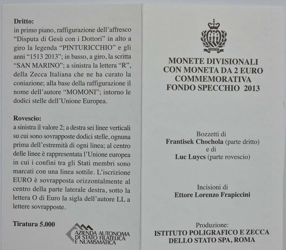 San Marino 2013 500. Todestag von Pinturicchio – Zertifikat