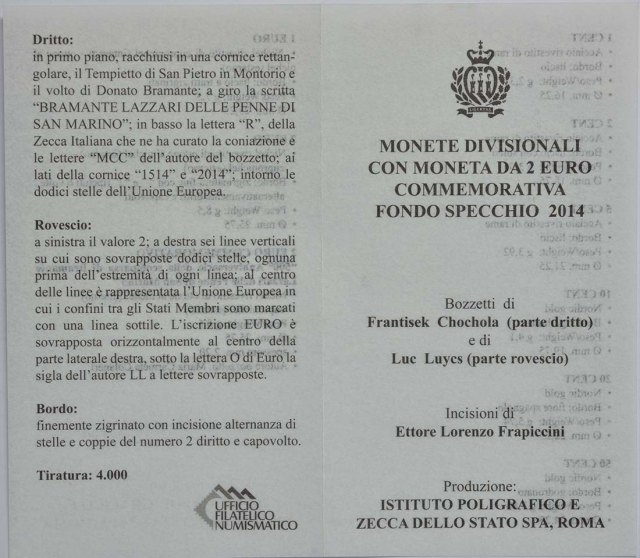 San Marino 2014 500. Todestag von Donato Bramante – Zertifikat