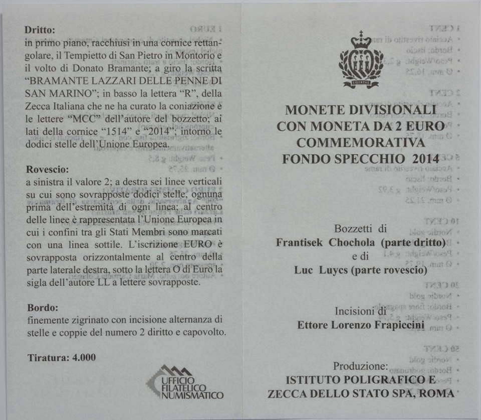 San Marino 2014 500. Todestag von Donato Bramante – Zertifikat