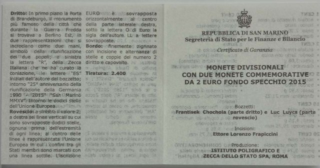 San Marino 2015 750. Geburtstag von Dante Alighieri – Zertifikat