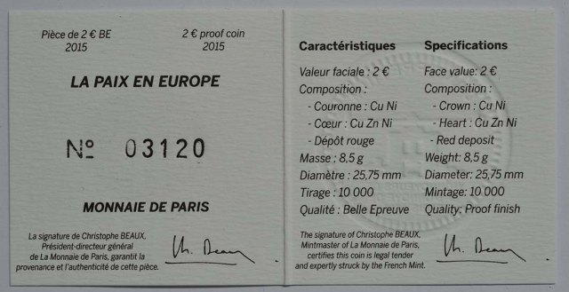 Frankreich 2015 70 Jahre Frieden in Europa – Zertifikat