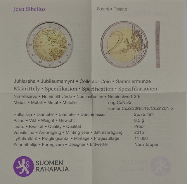 Finnland 2015 150. Geburtstag von Jean Sibelius – Zertifikat